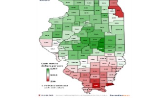 As is typical, cash rents are the highest in the central part of the state while cash rents are lower in southern Illinois. 