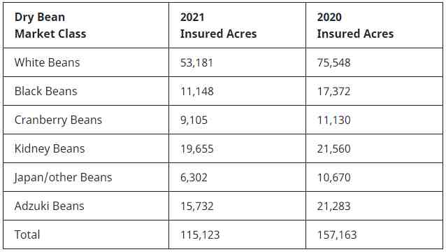 Dry bean acreage by market class in 2020 and 2021 in Ontario