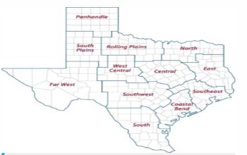 A map of the 12 Texas A&M AgriLife Extension Service districts.