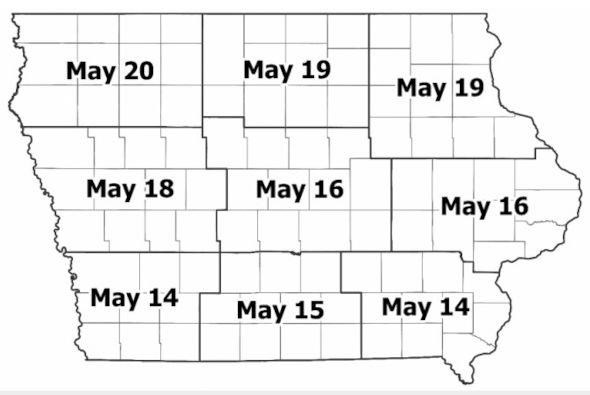 Estimated black cutworm dates for each Iowa crop reporting district based on peak flights during April.