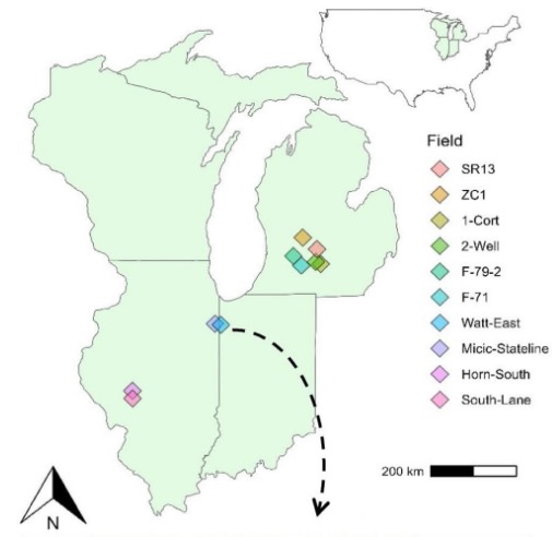 Ten commercial corn and soybean fields in Michigan, Illinois and Indiana were used in the study. Management practices varied across fields and were not controlled during the research.