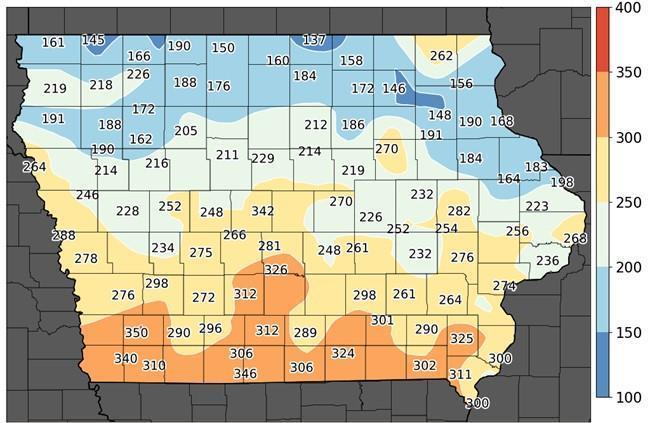Accumulated growing degree days (base 48°F) in Iowa from January 1 – April 10, 2024.