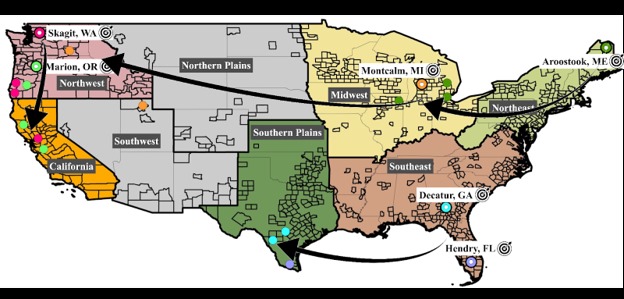 A map of the lower 48 U.S. states, showing eight USDA Climate Hub regions and potential cross-regional connections for climate change and specialty crops. The arrows show target-analog pairings between specialty crop-growing counties; from recent research by WSU scientists.  