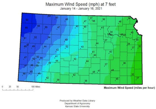 Peak 24-hour wind gusts measured at 2 meters