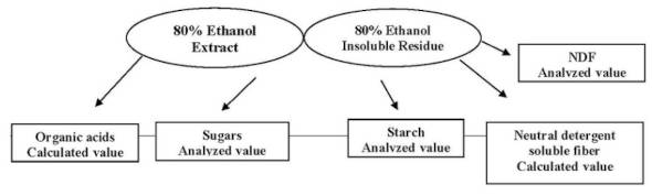 Partitioning neutral detergent soluble carbohydrate with 80 percent ethanol, direct analysis, and calculated estimates.