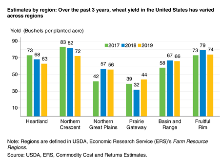 A bar chart that shows wheat yields by region in the United States over the past 3 years have varied across regions.