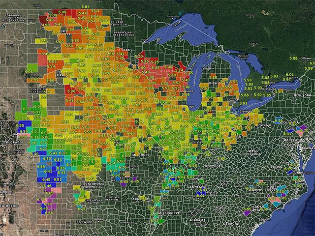 Cash corn prices are their highest in seven years, making the gap between futures and cash prices, which is also known as basis, uncommonly narrow for this time of year. Green and yellow shades reflect the tightness of this metric. (DTN chart)